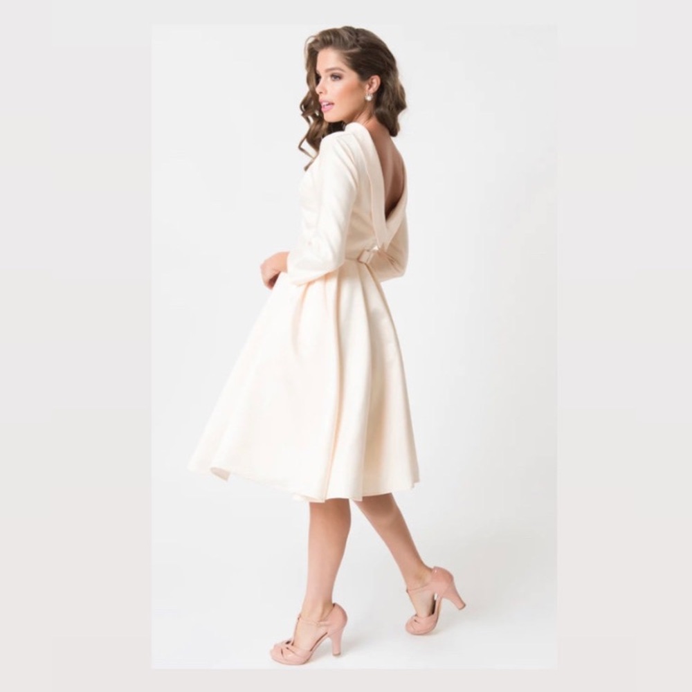 NWT Unique Vintage Cream Satin Sleeved Lana Bridal Dress SIZE SMALL